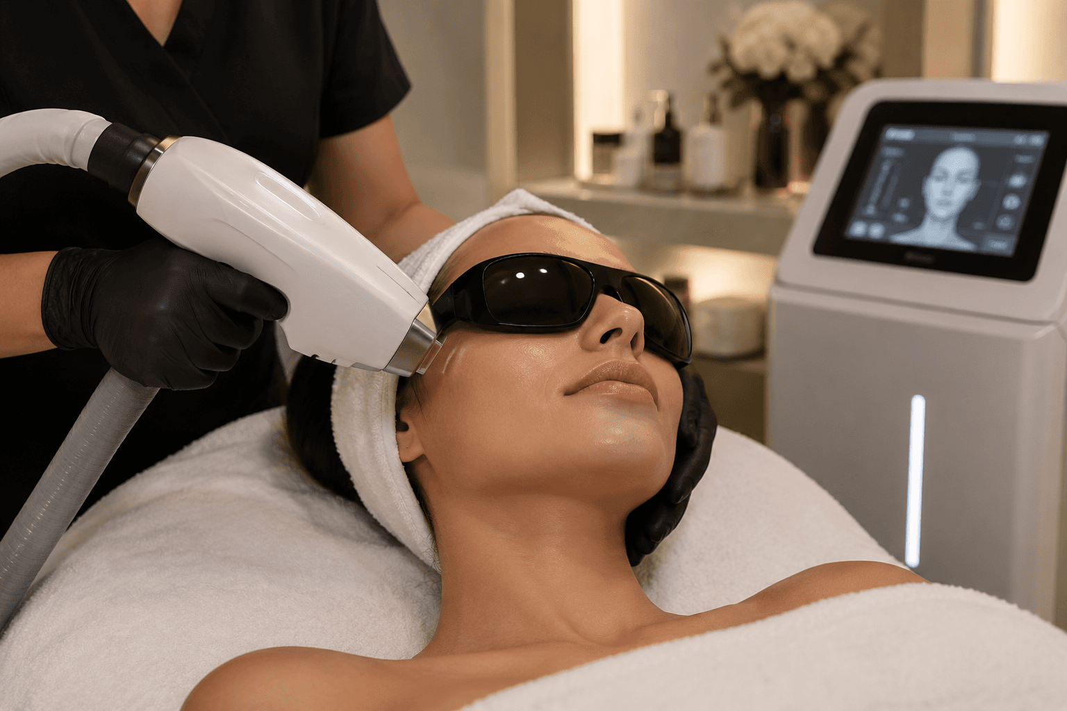 A laser handpiece guided along the cheekbone of a woman wearing protective eyewear