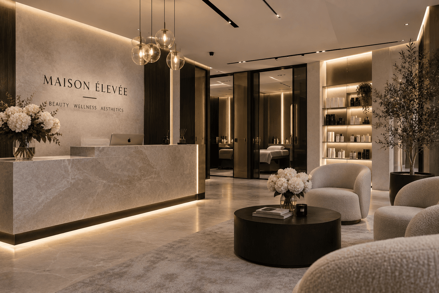 The reception of the house, lit low, with stone counter and pendant glass