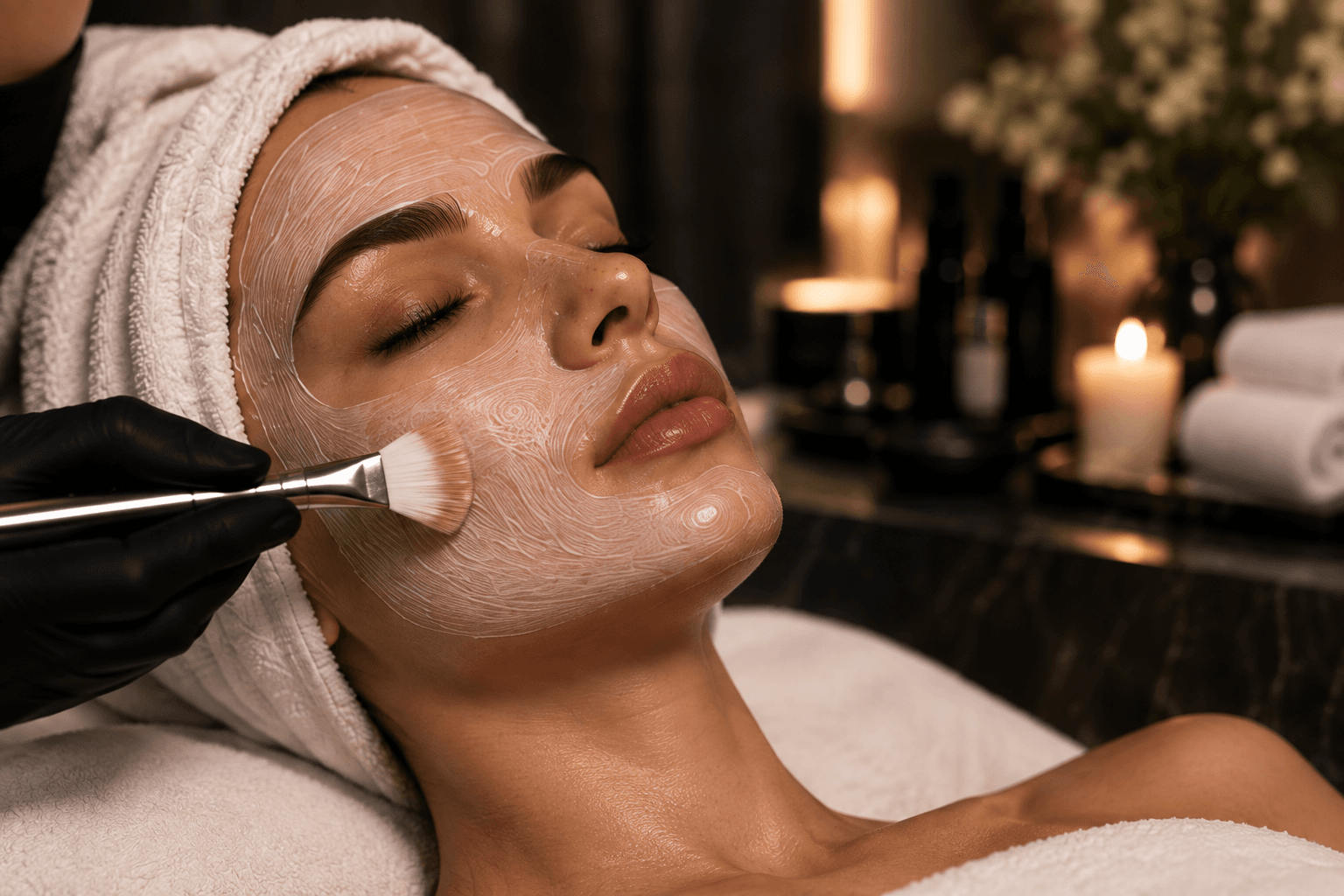 A treatment mask being brushed across a woman's face, her hair wrapped in a white towel