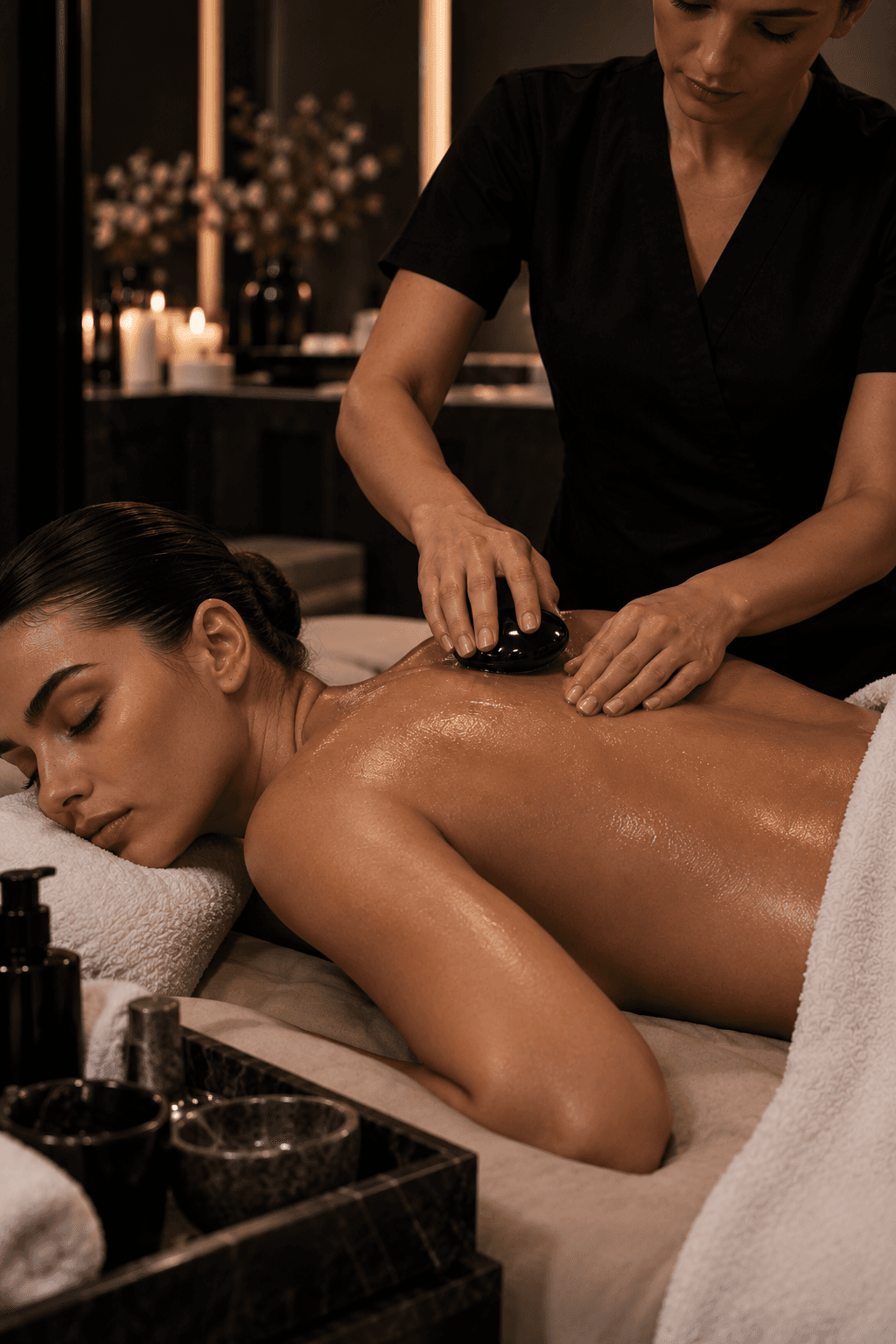 A therapist working across a client's back by candlelight