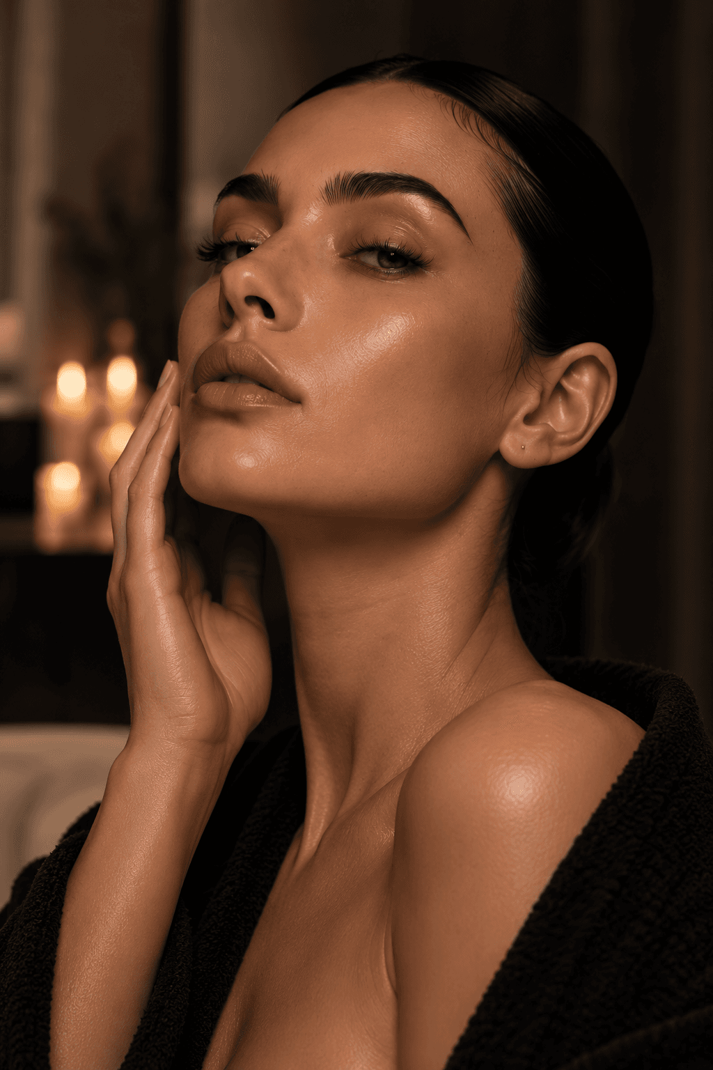 A portrait in low light, the face turned to catch the warmth, hair drawn back