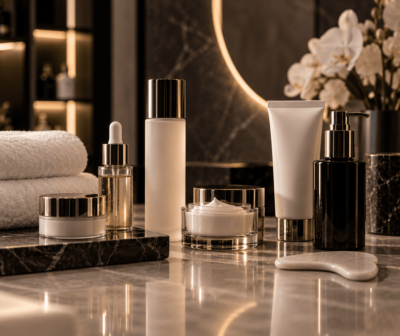 Serums and a cream jar set on dark stone beside folded towels