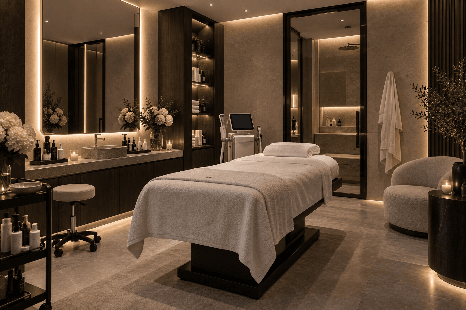 A private treatment suite at dusk, the bed dressed and the mirror lit