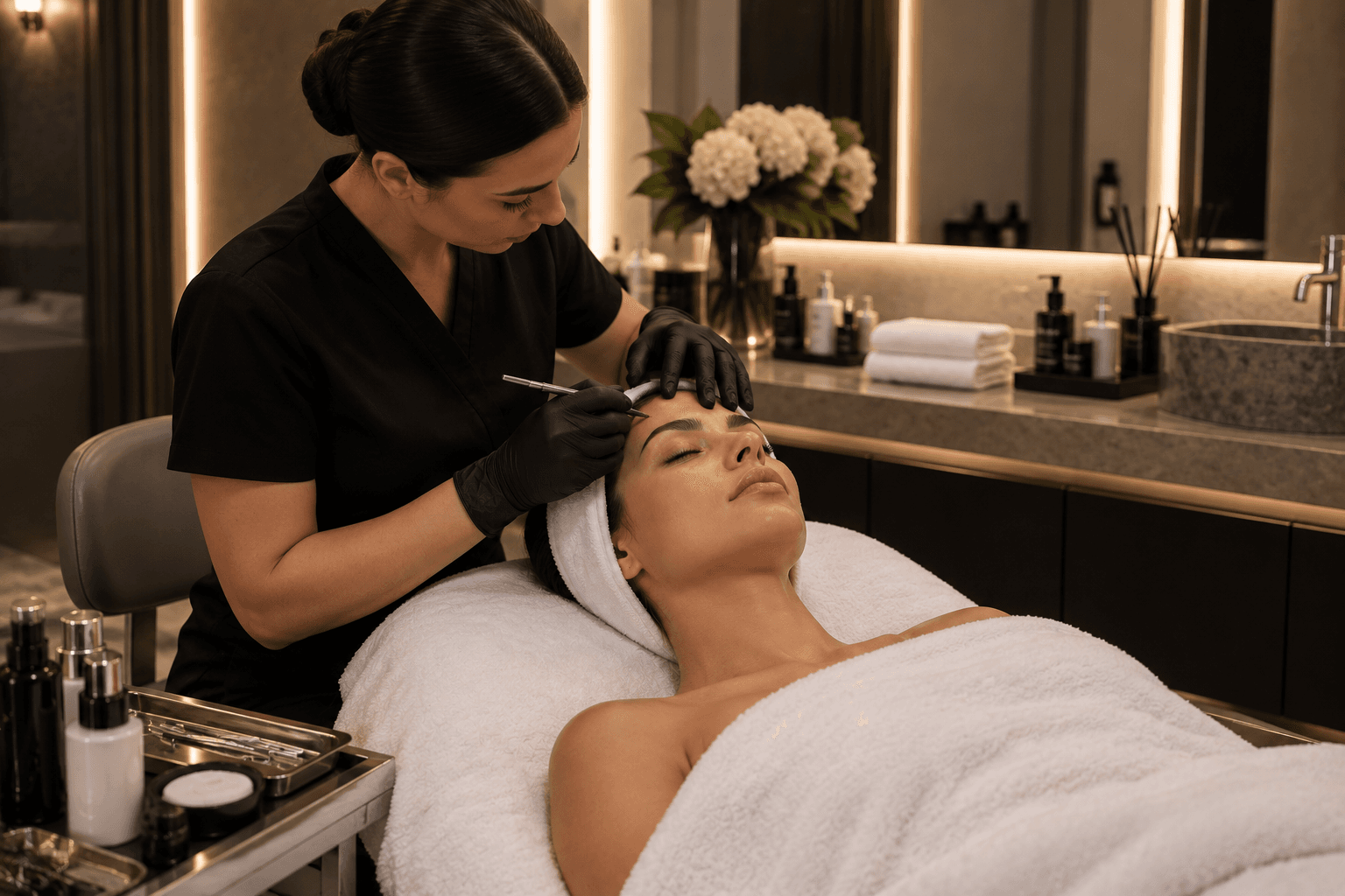 A specialist guiding a fine handpiece across a reclining client's brow