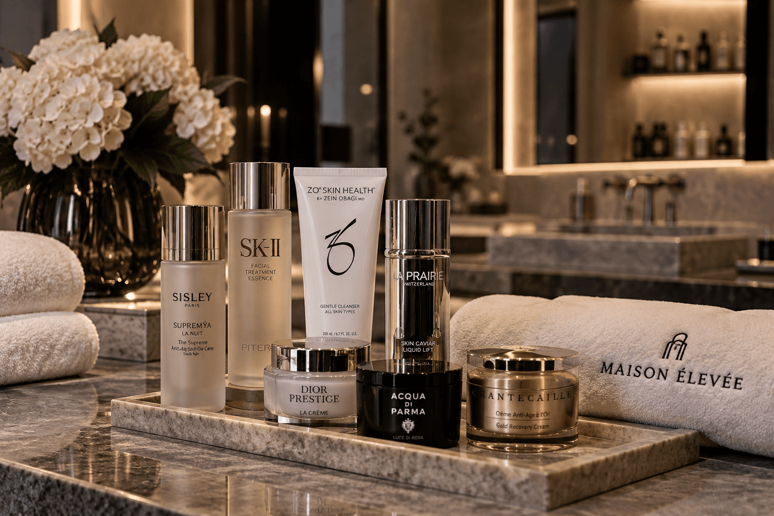 Skincare bottles and folded towels arranged on a marble counter