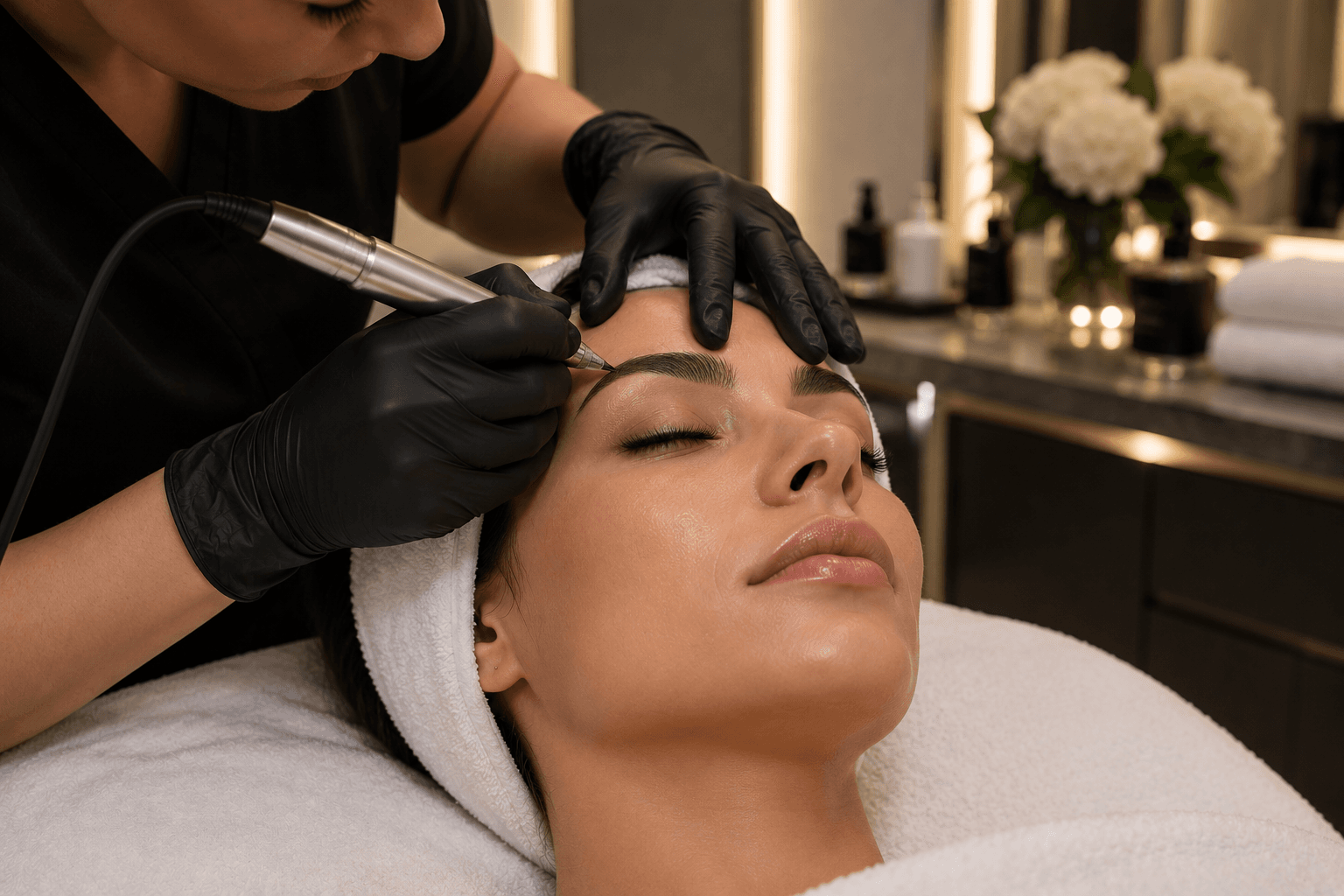 A precision handpiece worked along the brow of a reclining client