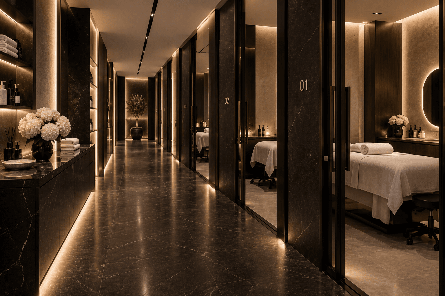 A dark marble corridor lined with treatment rooms, lit from within