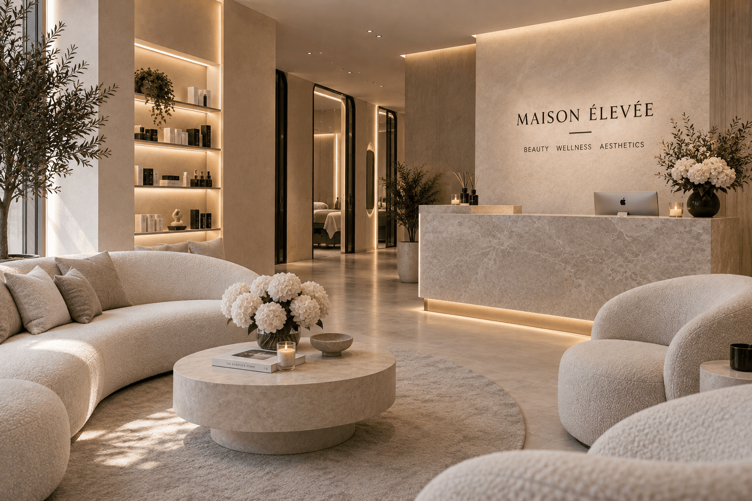 A cream and stone lounge, curved seating gathered around a low table
